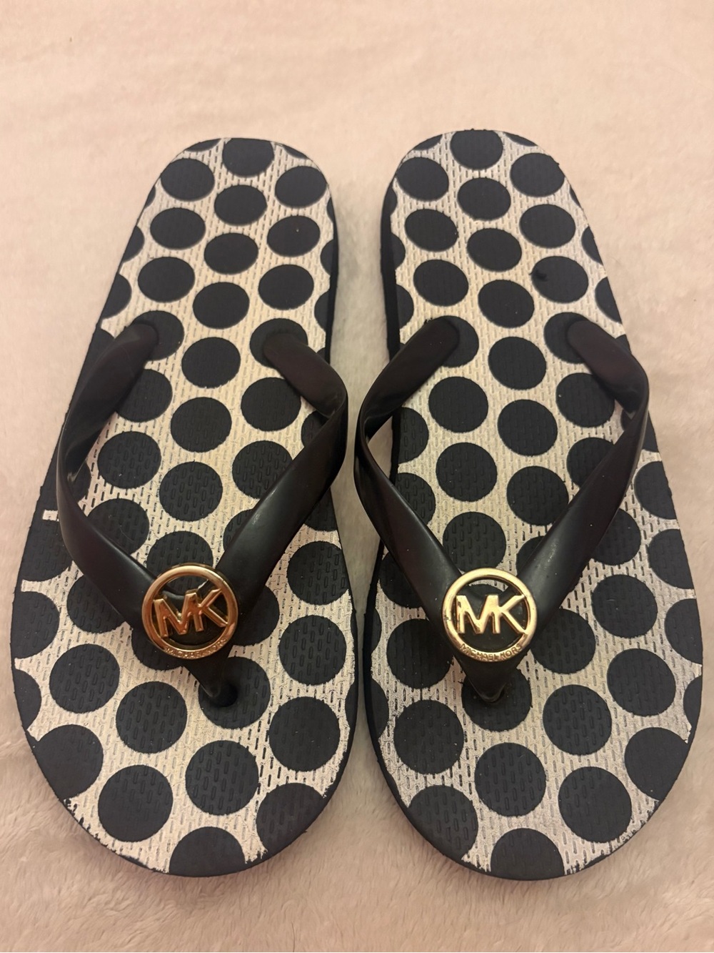 Michael Kors Black Polka Dot Flip Flops with Gold MK Medallions